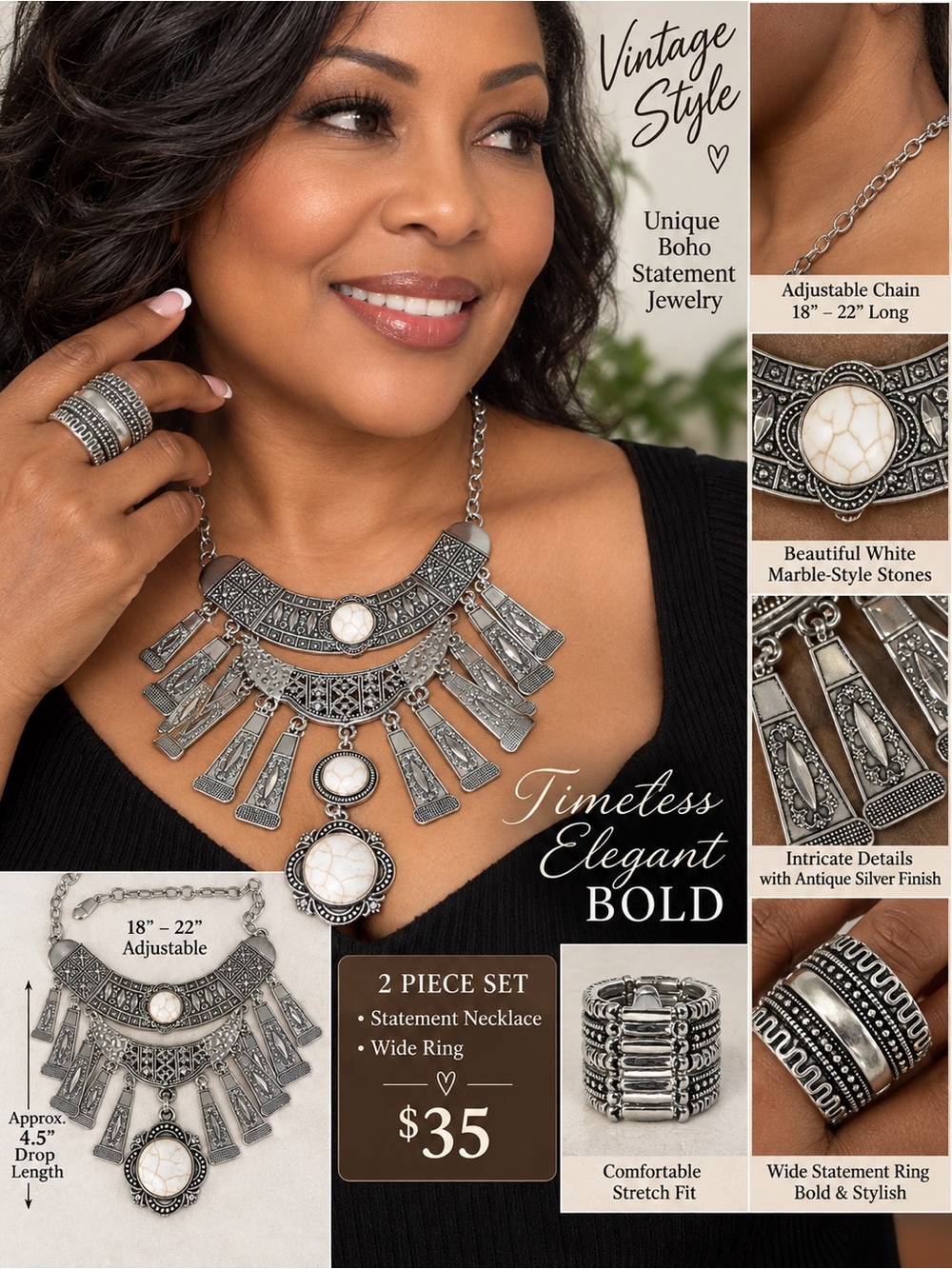 Vintage-Style White Marble Statement Necklace & Ring Set - Antique Silver